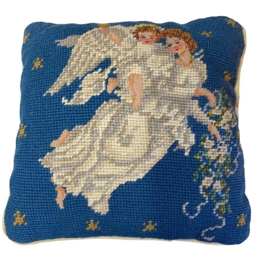 Christmas Pillow Vintage Blue Wool Needlepoint Angels‎ Holiday 10 Inch